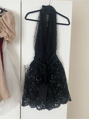 Black Halter Lace & Sequin Mini Skort Dress